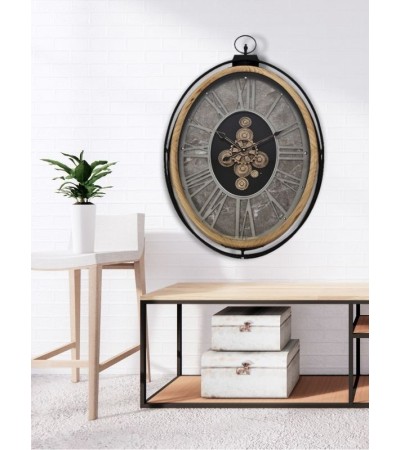 Horloge WOODSTOCK ovale bois métal noir effet marbre